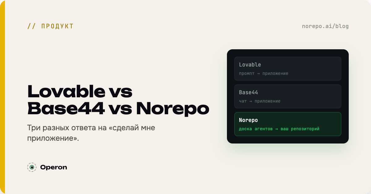 Обложка «Lovable vs Base44 vs Norepo»: три разных ответа на «сделай мне приложение»