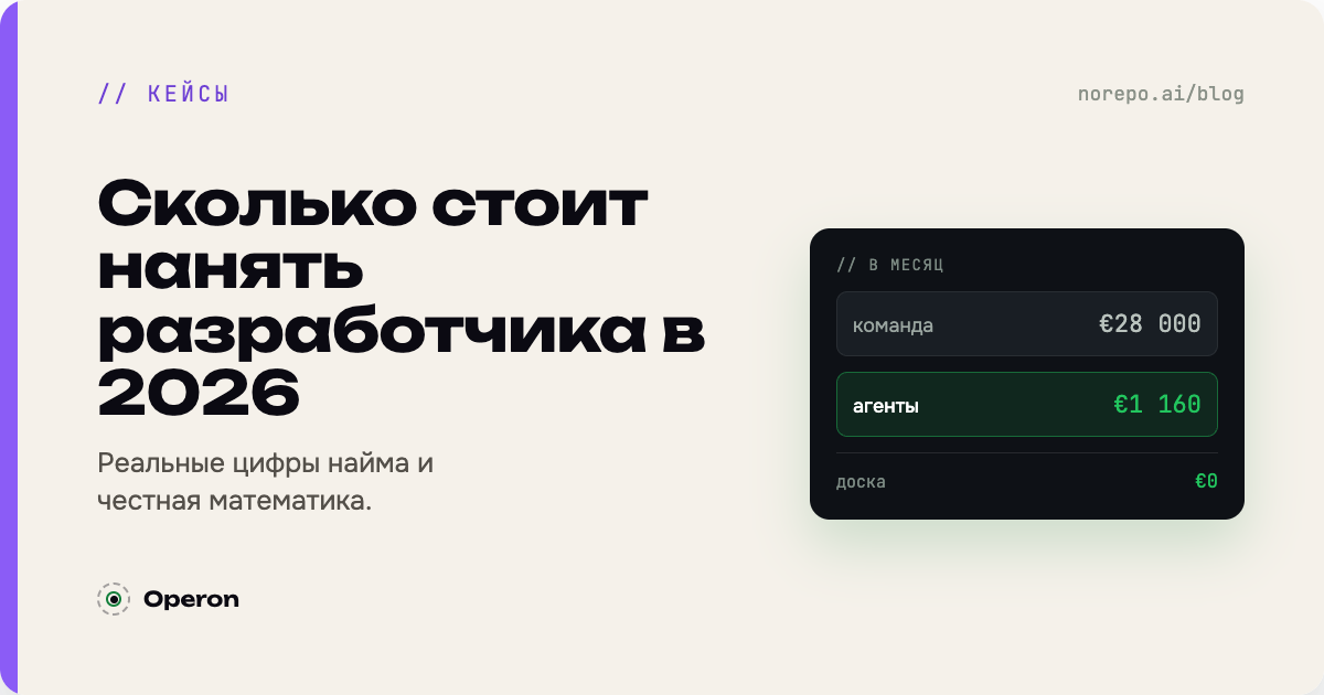 Тёмная обложка «Сколько стоит нанять разработчика в 2026» со сравнением оклада и подписки на агентов